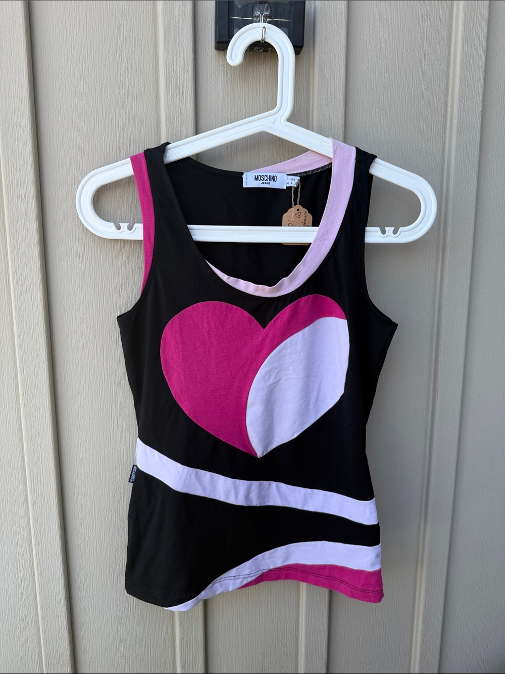 Moschino Jeans Y2K Black Tank with Pink & White Heart Graphic